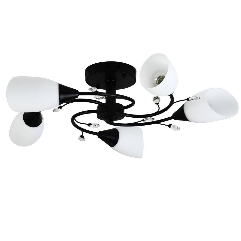 Modern Black 5-Light 30 in. Semi-Flush Mount Ceiling Light with White Glass
