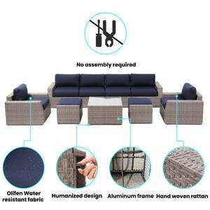 9-Piece Wicker Outdoor Patio Conversation Seating Set with Navy Olefin Cushions
