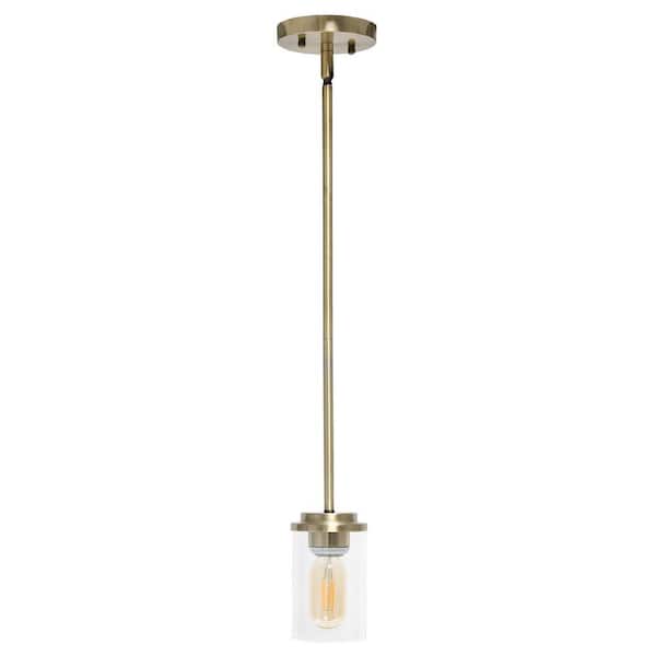 Elegant Designs 5.75 in. 1-Light Antique Brass Essential Modern Farmhouse Adjustable Cylindrical Clear Glass Hanging Pendant Light