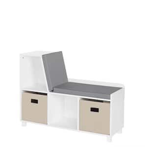 Kids White Storage Bench with Cubbies with Taupe Bins (2-Piece)