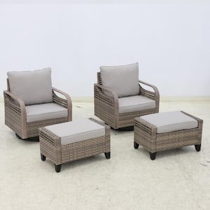 4-Piece Brown Swivel Rocking Wicker Outdoor Lounge Chair with Beige Cushions with Ottomans