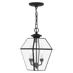 Ainsworth 14 in. 2-Light Black Dimmable Outdoor Pendant Light with Clear Beveled Glass and No Bulbs Included