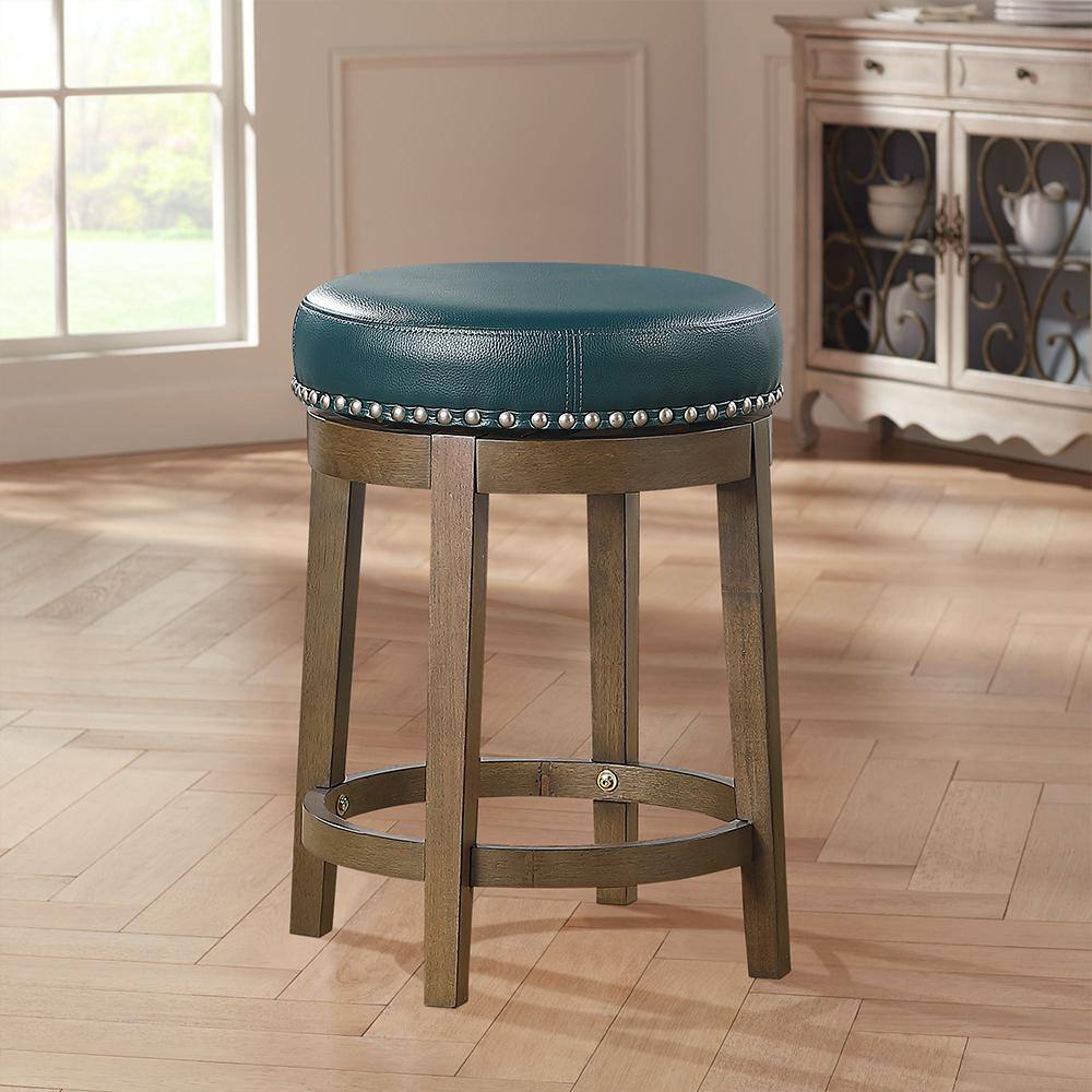 Green Swivel Backless Wood and Leather Counter Stool, 25"