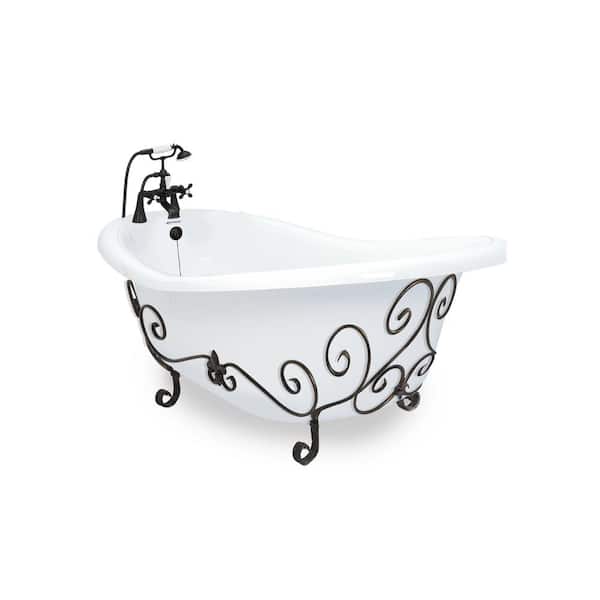 American Bath Factory 60 in. AcraStone Acrylic Slipper Clawfoot Non-Whirlpool Bathtub in White with Nuevo Base and Faucet in Old World Bronze