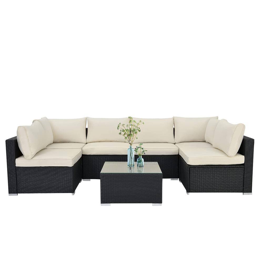 Black 7-Piece Wicker Outdoor Sectional Set with Beige Cushion and Glass Coffee Table price history on PriceWatchPro