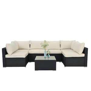 Black 7-Piece Wicker Outdoor Sectional Set with Beige Cushion and Glass Coffee Table