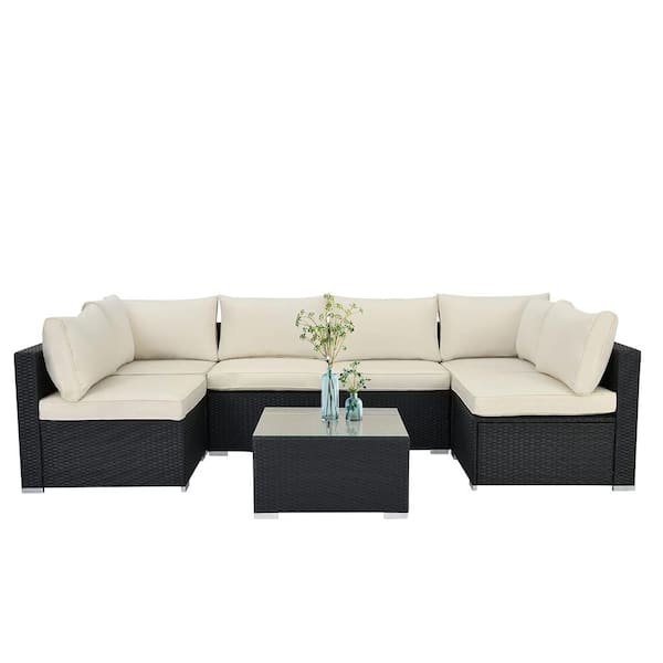 Zeus & Ruta Black 7-Piece Wicker Outdoor Sectional Set with Beige Cushion and Glass Coffee Table