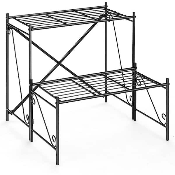 SUGIFT 24 in. Tall Outdoor Black Metal Plant Stand (2-Tiered)