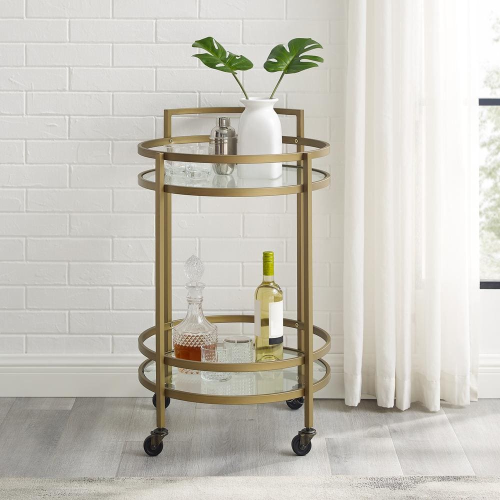 Bailey Modern Round Gold Bar Cart with Tempered Glass Shelves