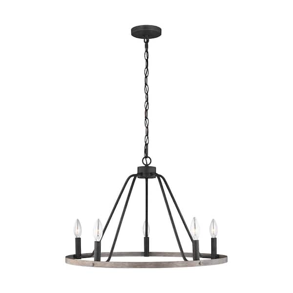 Generation Lighting Rayne Rustic Farmhouse 5-Light Weathered Zinc and Washed Pine Wagon Wheel Single Tier Kitchen Hanging Chandelier