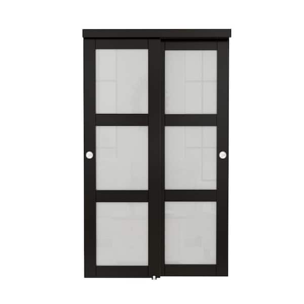 48 in. x 80 in. 3-Lites Frosted Glass MDF Black Closet Sliding Door with Hardware Kit