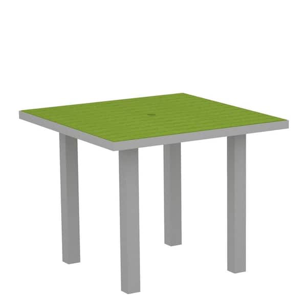 POLYWOOD Euro Textured 36 in. Silver Square Patio Dining Table with Lime Top