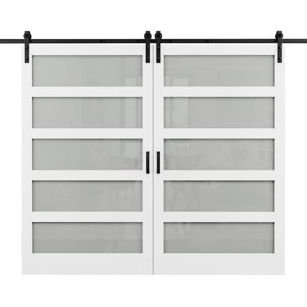 96 in. x 84 in. 5-Lite with Frosted Glass White MDF Pre-Drilled Sliding Barn Door with Hardware Kit Soft Close Include