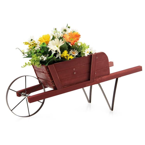 Red Pine Wood and Metal Garden Wagon Planter