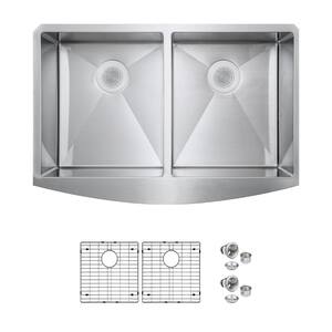 Bryn Stainless Steel 16- Gauge 33 in. Double Bowl Farmhouse Apron Kitchen Sink with Bottom Grid, Drain