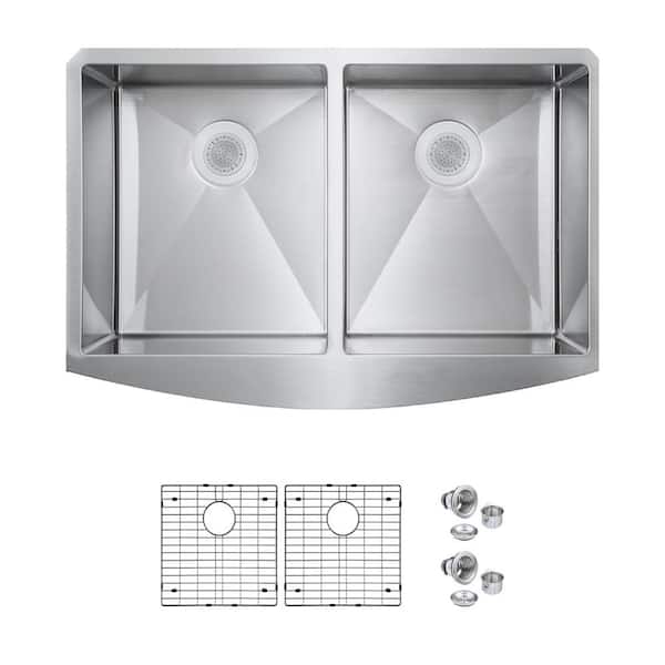 PELHAM & WHITE Bryn Stainless Steel 16- Gauge 33 in. Double Bowl Farmhouse Apron Kitchen Sink with Bottom Grid, Drain