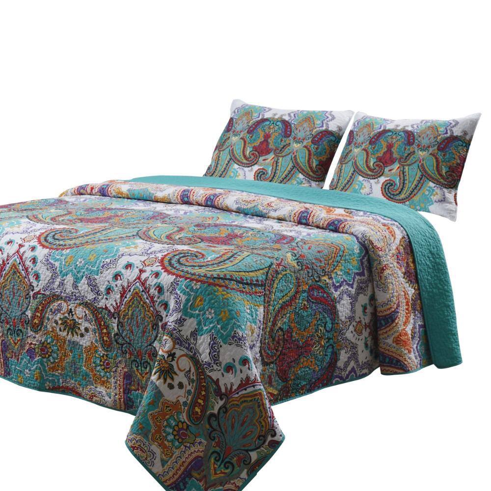 Queen Size Blue Paisley Microfiber Quilt Set