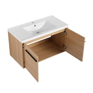 35.43 in. W. x 18.11 in. D x 20.47 in. H Wall-Mounted Bath Vanity in Light Brown with White Resin Vanity Top