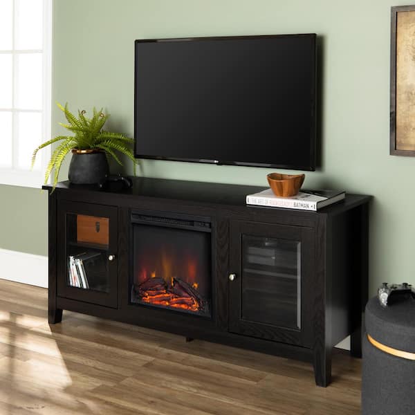 Walker Edison Furniture Company 58 in. Modern Contemporary Black Electric Fireplace TV Stand with Glass Doors (Max TV Size 65 in.)