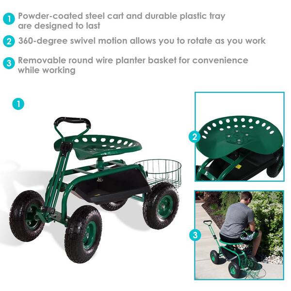 Green Swivel Seat & Utility Basket Sunnydaze Garden Cart Rolling Scooter with Extendable Steering Handle 