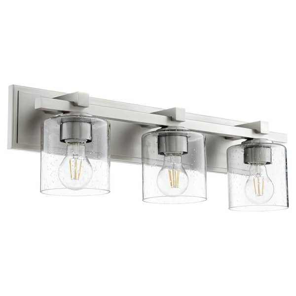 Quorum INTERNATIONAL Kaplan Soft Contemporary, 24 in. Width in. 3-Lights Satin Nickel Finish Vanity Light with Seeded Glass Shades