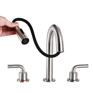 8 in. Widespread Bathroom Faucet 3-Hole with Pull Out Sprayer, Bathroom Sink Faucet with Pop-Up Drain in Brushed Nicle