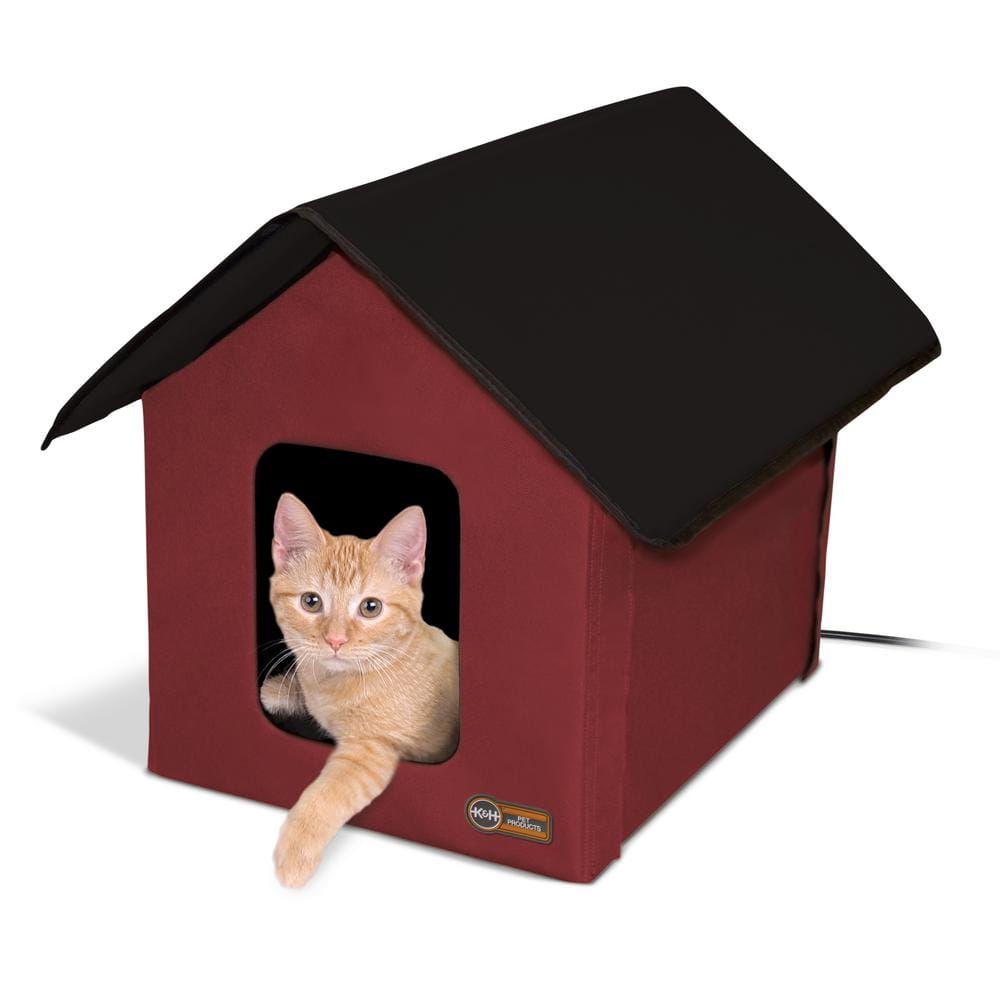 Red and Black Heated Outdoor Cat House with Vinyl Backing