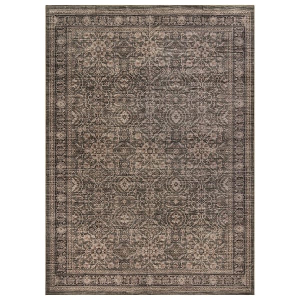 Traditional Allover Sage Green Machine Washable Non-Slip Backing 5 ft. x 7 ft. Green Area Rug