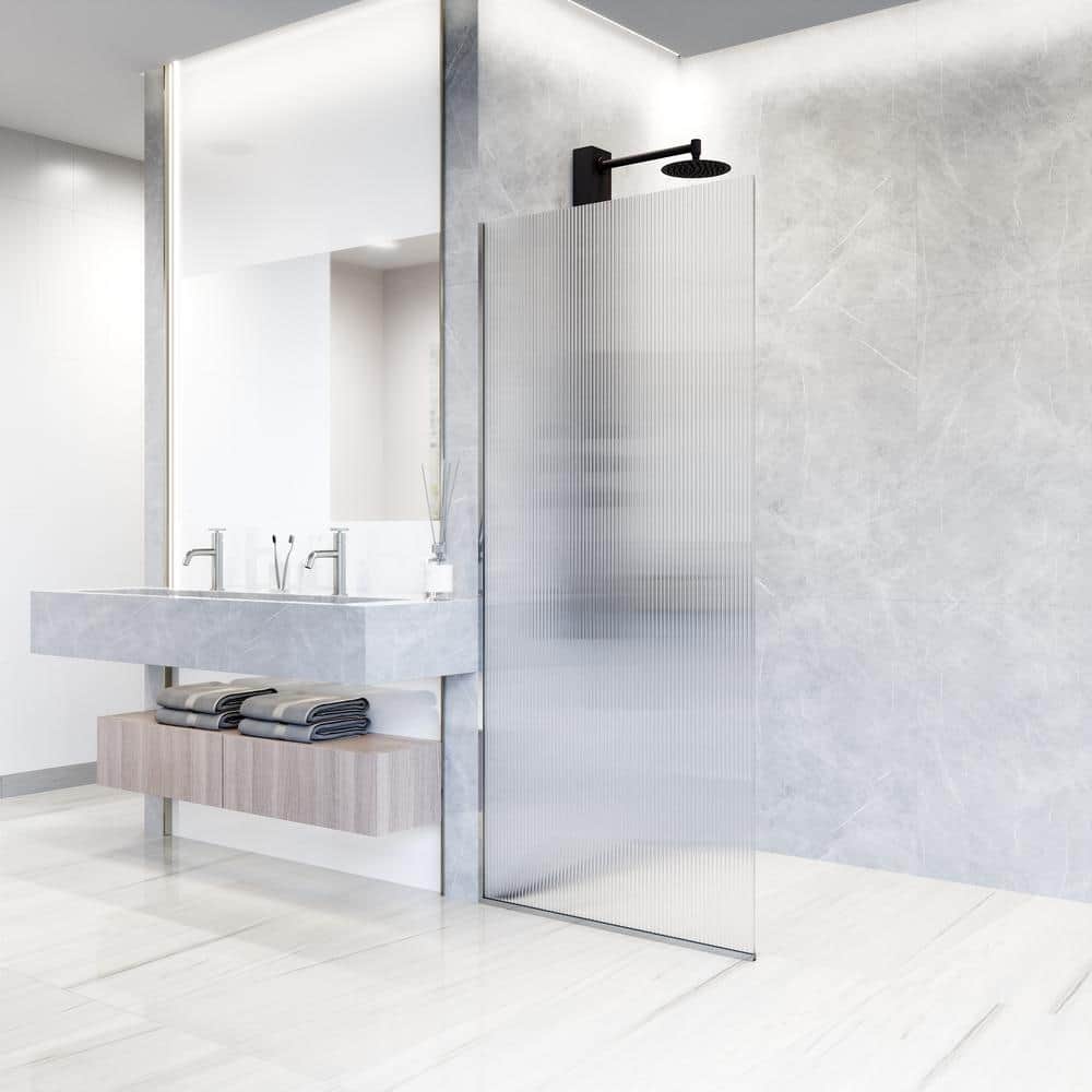 Zenith 34" x 74" Frameless Shower Screen with Fluted Glass in Black