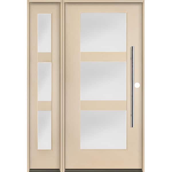 Krosswood Doors Modern Faux Pivot 50 in. x 80 in. 3-Lite Left-Hand/Inswing Satin Glass Unfinished Fiberglass Prehung Front Door with LSL