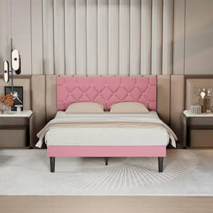 Upholstered Bed, Pink Metal Frame Full Platform Bed with Wood Slat Support, No Box Spring Needed Bed Frame