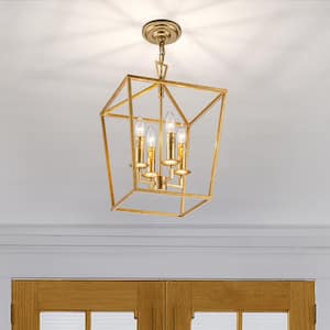 13 in. 4-Light in Antique Brass Farmhouse Candle Style Lantern Chandelier Industry Gilded Iron Cage Hanging Light