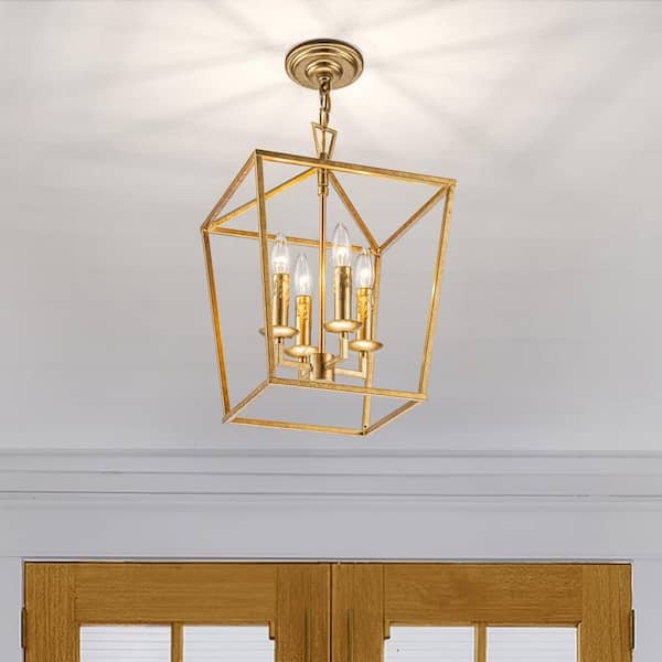 ALOA DECOR 13 in. 4-Light in Antique Brass Farmhouse Candle Style Lantern Chandelier Industry Gilded Iron Cage Hanging Light