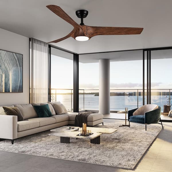 56 in. Ceiling Fan with Integrated LED Light and Brown Wood Grain ABS Blades Included with Remote, Downrod Mount