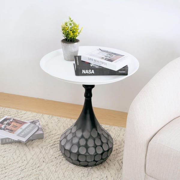 Vandalia Modern 21 in. Round Metal Coffee Table with Hand-hammered Texture, White Plus Black