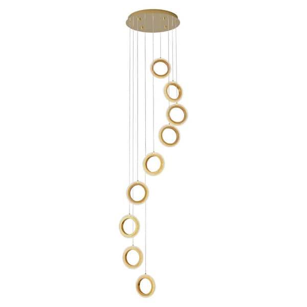 OUKANING 9-Light Dimmable Integrated LED Gold Modern 9-Rings Chandelier with Adjustable Height and Remote for Living Room Stairs