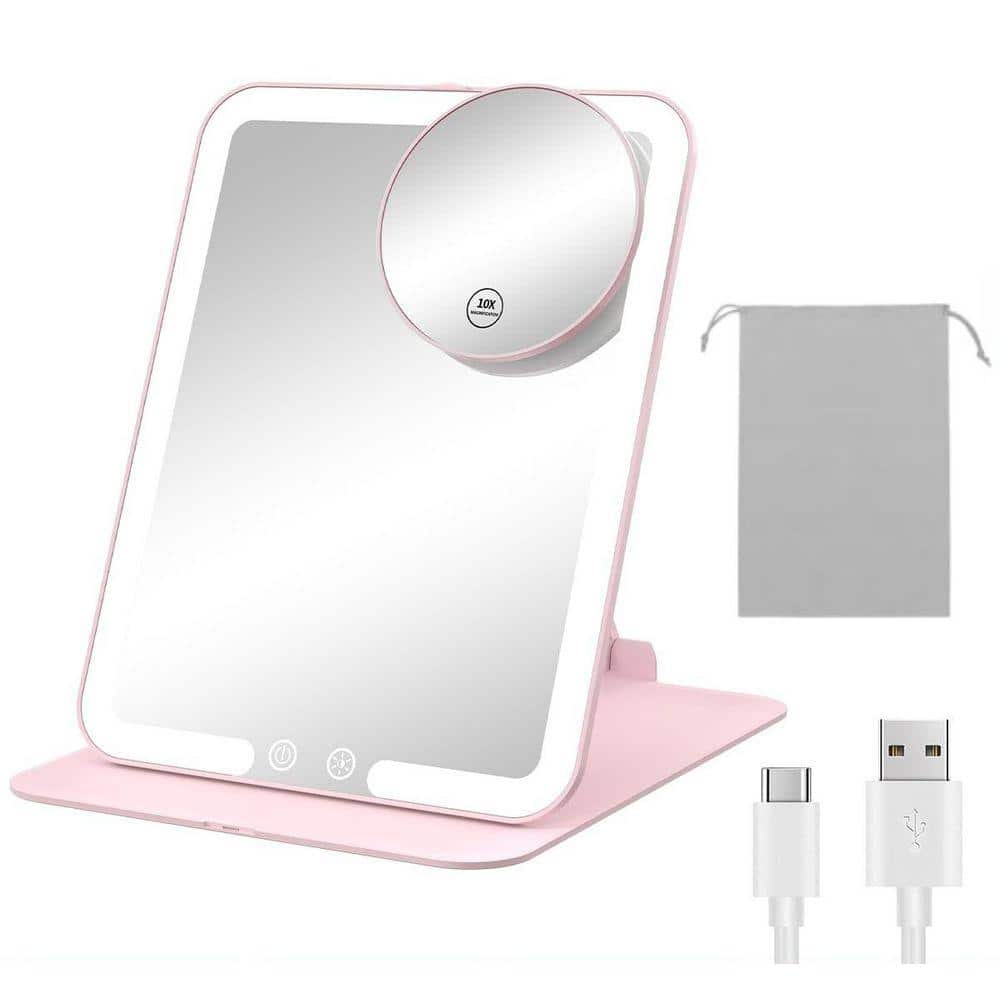 6.1 in. W x 13 in. H Rectangular Foldable 10x Magnification Rechargeable LED Tabletop Bathroom Makeup Mirror in Pink