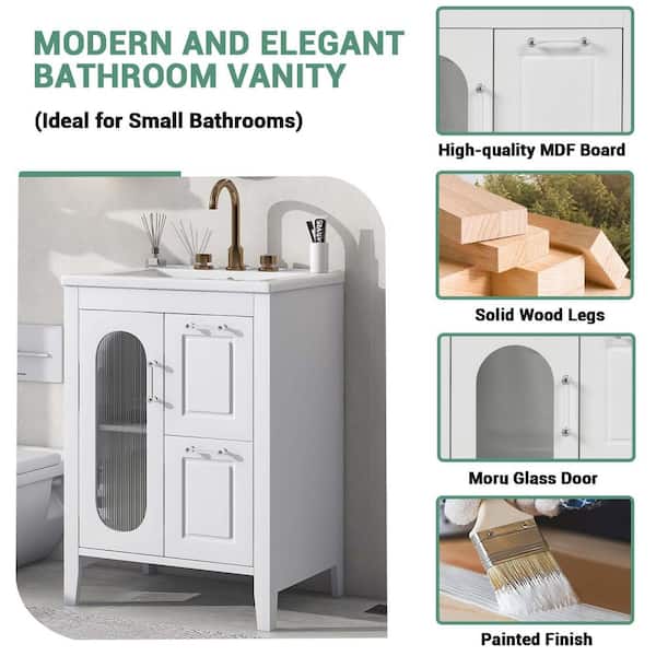 24 in. Single Sink White Bath Vanity with White Ceramic Top (Self Assembly Needed)