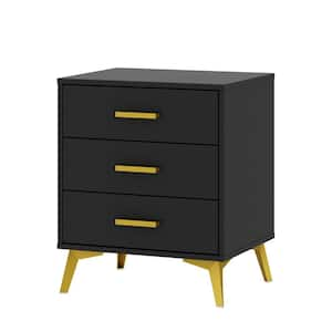 Single Black Wooden Nightstand, Side Table with 3 Drawers, 19.7 in. W x 15.7 in. D x 23.8 in. H