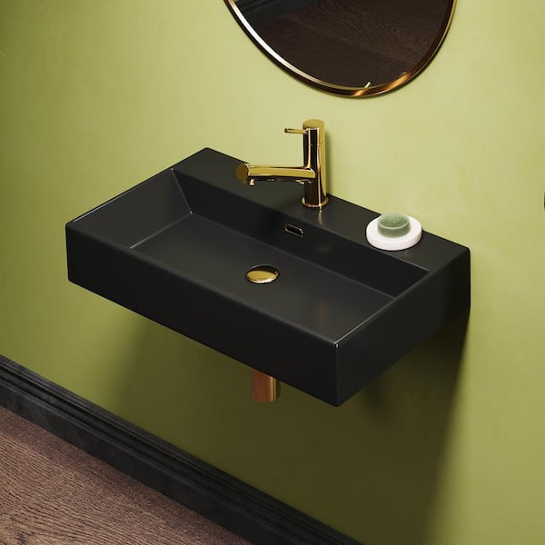 Eridanus Turner Vitreous China 30 in. W x 16 in. D x 5 in. H WalL Mount Bathroom Sink with Faucet Hole and Overflow, Matte Black