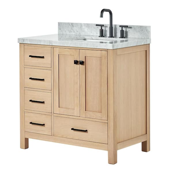 ARIEL Cambridge 36 in. W x 22 in. D x 36 in. H Single Freestanding Bath Vanity in Oak with Italian Carrara Marble Top