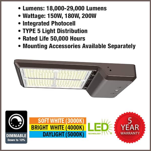 600-Watt Equivalent Integrated LED Bronze Area Light with Straight Arm Mount Kit TYPE 5 Adjustable Lumens and CCT