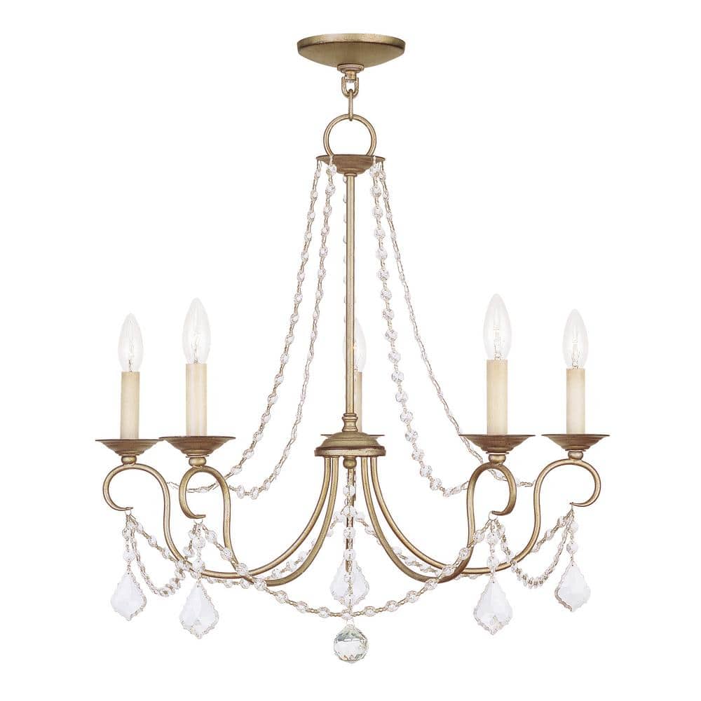 Antique Silver Leaf 5-Light Crystal Chandelier with Hand Painted Finish
