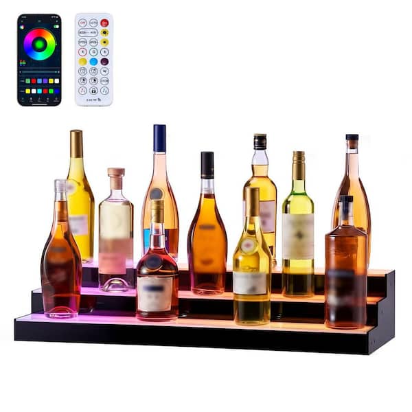 LED Lighted Liquor Bottle Display, 3 Tiers 30 in, Acrylic Bar Shelf with USB, RF Remote & App Control, for 21-30 Bottles