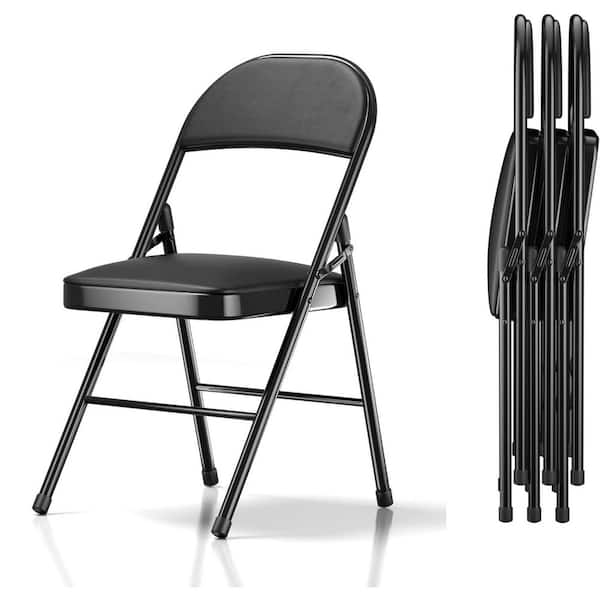 Folding Chairs Black Metal Seat Portable Metal with Ultra Soft PU Padded Cushion Banquet Chair Square Seats Set of 4