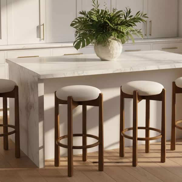 30 in. H Dark Walnut Finish Solid Wood Bar Stools with Ivory Upholstery (Set of 2)