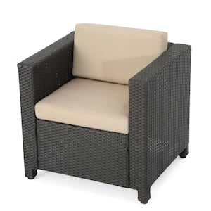 1-Piece Brown Wicker Outdoor Lounge Chair with Beige Cushion