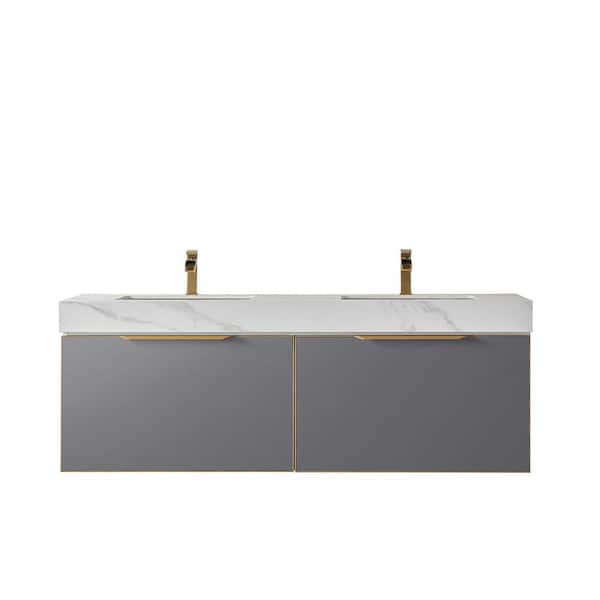 ROSWELL Alicante 60 in. W x 20.9 in. D x 21.7 in. H Double Sink Bath Vanity in Grey with White Sintered Stone Top