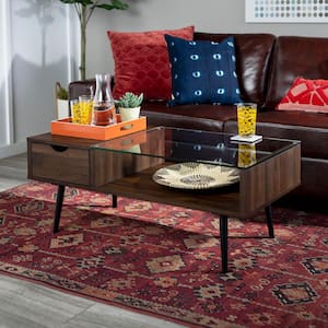 Mid 42 in. Dark Walnut Large Rectangle Glass Coffee Table with Drawers