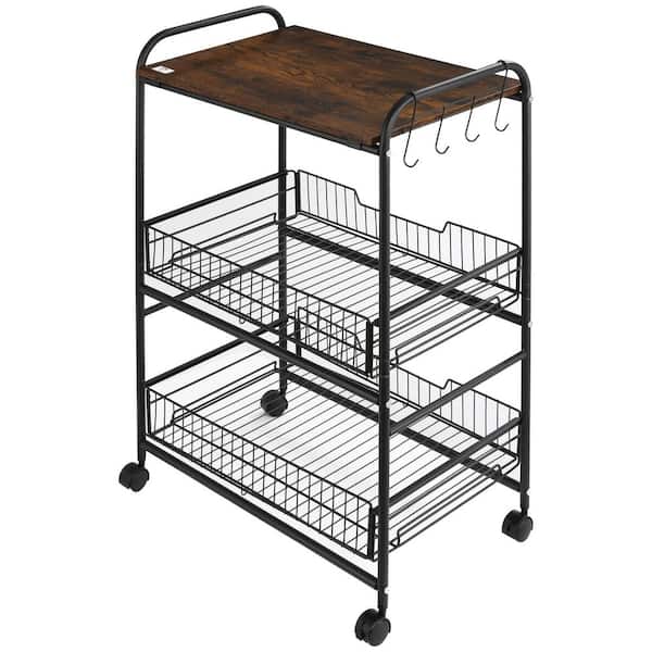 Tileon 3-Tier Brown MDF Kitchen Cart, Small Rolling Kitchen Island Microwave Cart with 2 Sliding Fruit Basket and Side Hooks